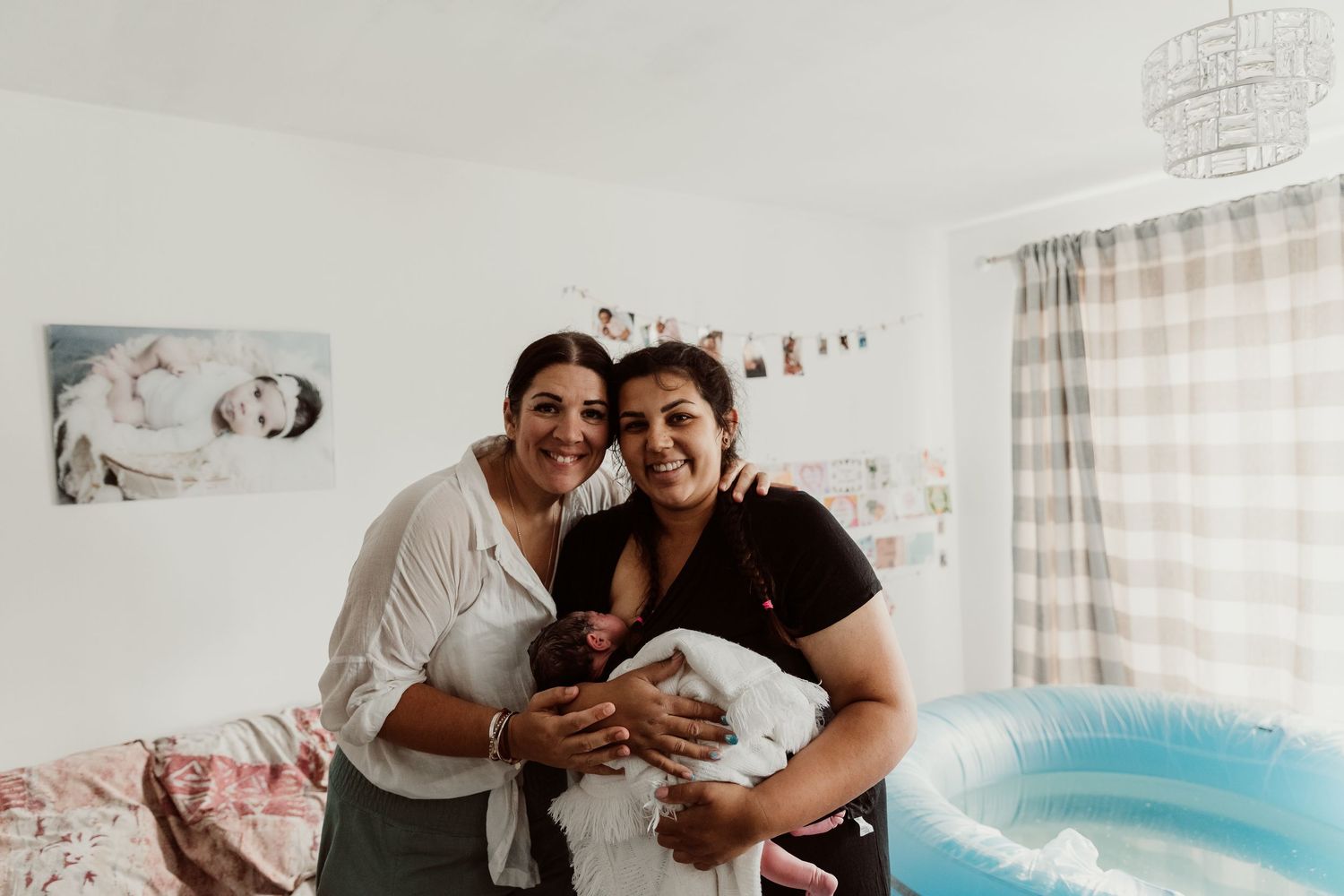 A collage of six heartwarming family moments in a hospital room after a birth, featuring tender interactions and celebrations.
