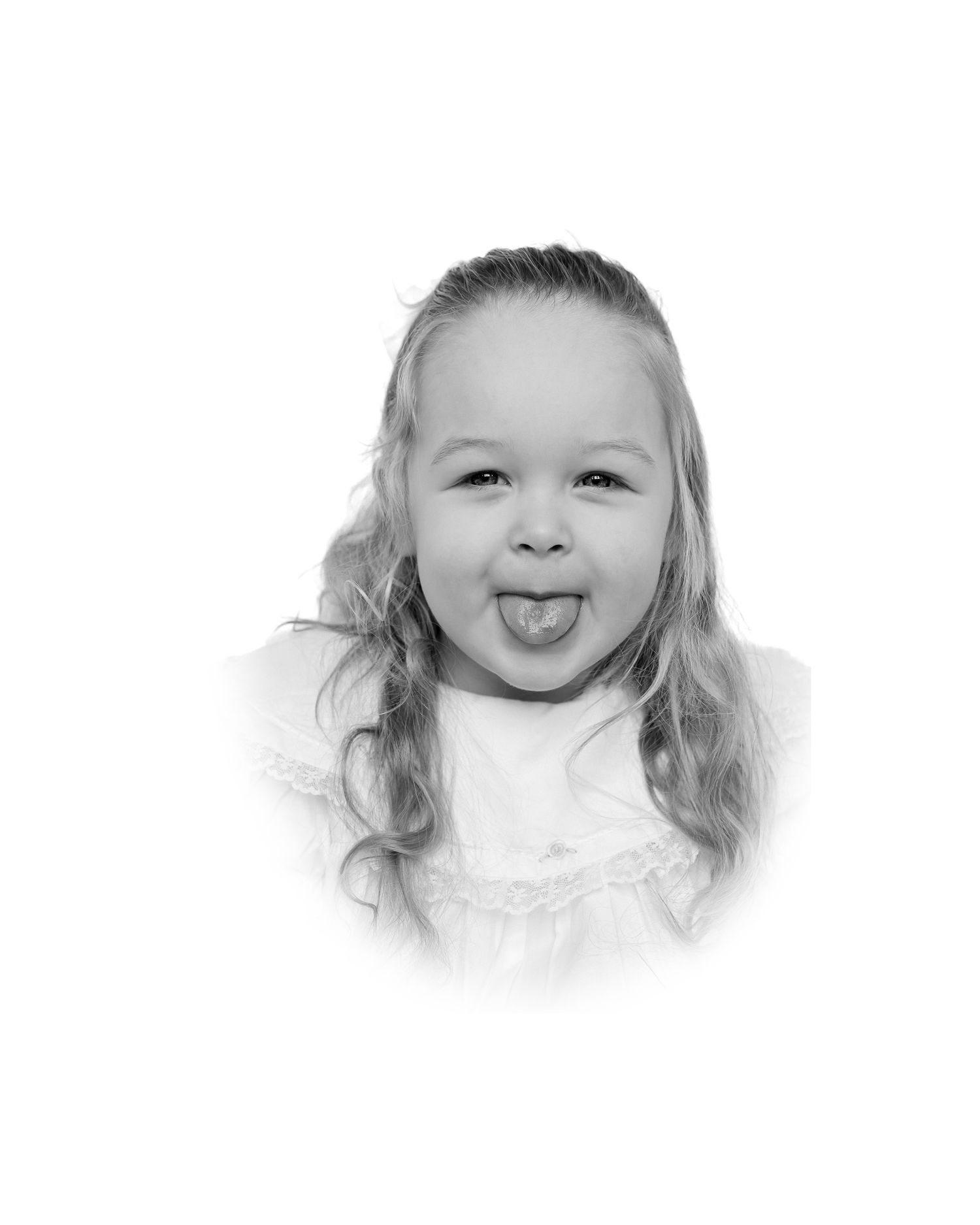A series of four black and white portraits showing a playful expression with tongue sticking out.