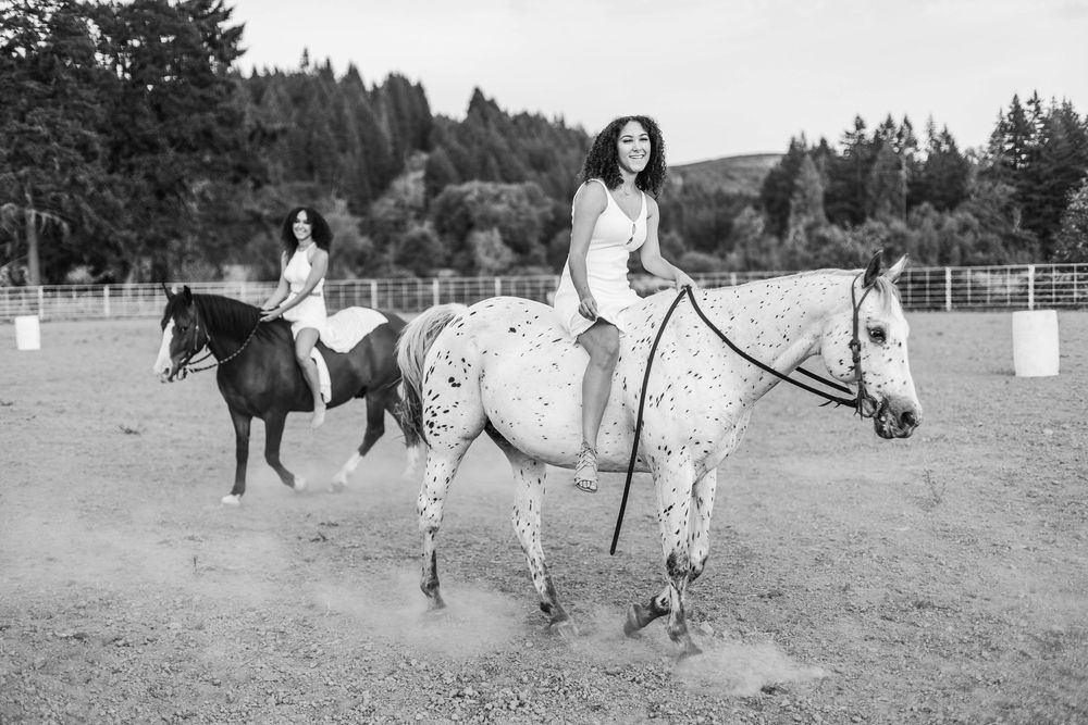 Black and white series showing interaction with horses in an open field.