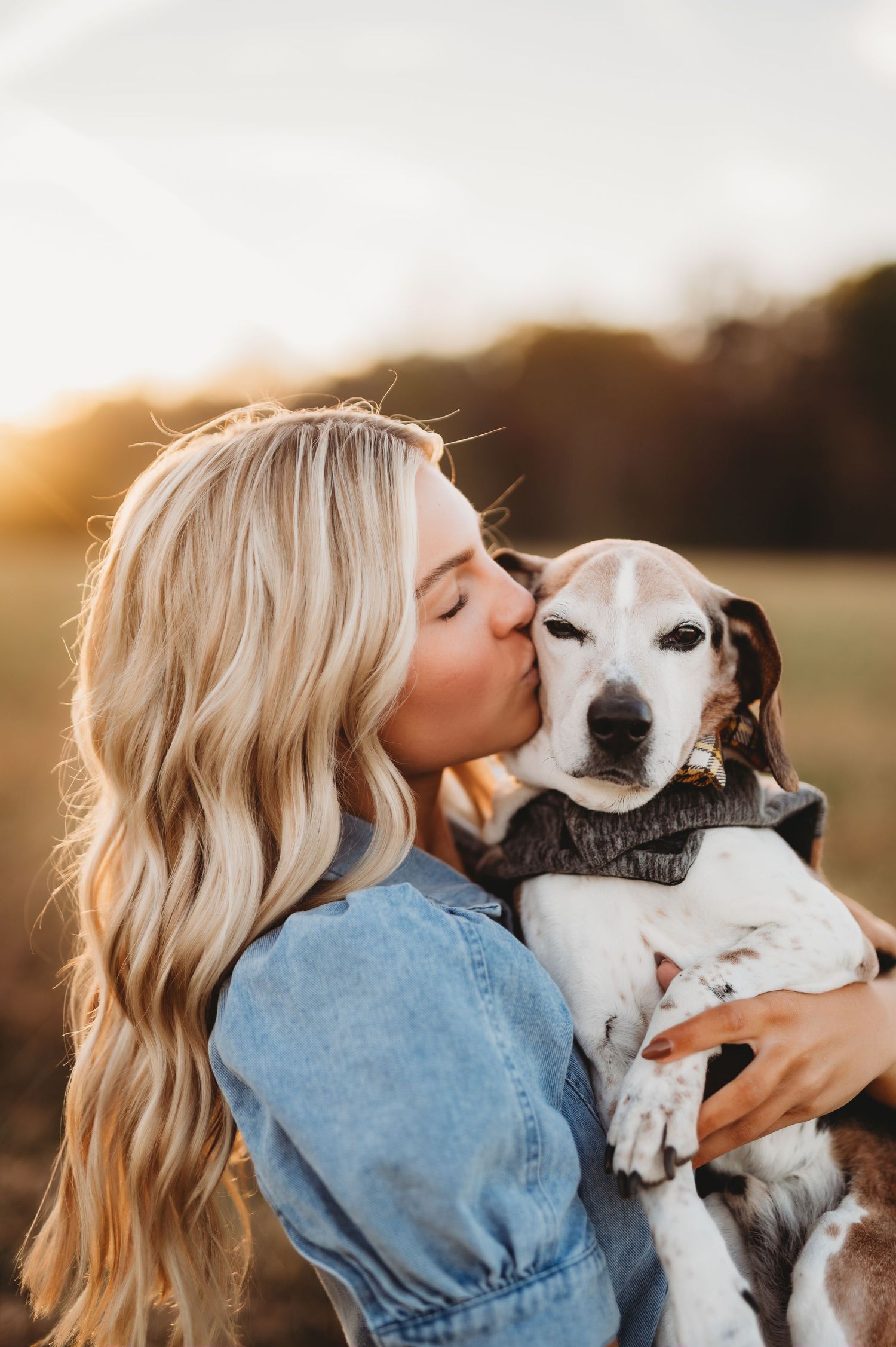 A person in denim jacket shares tender moments with their white and brown dog during golden hour sunset.