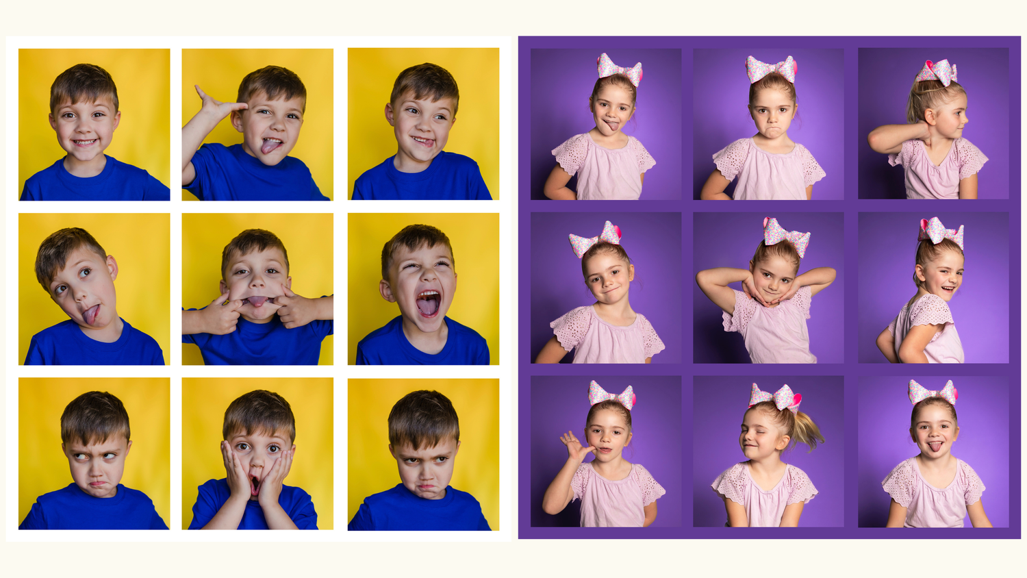 A collage of different expressions and poses showing various emotions and reactions in a 9 Grid photo series for personality portraits,