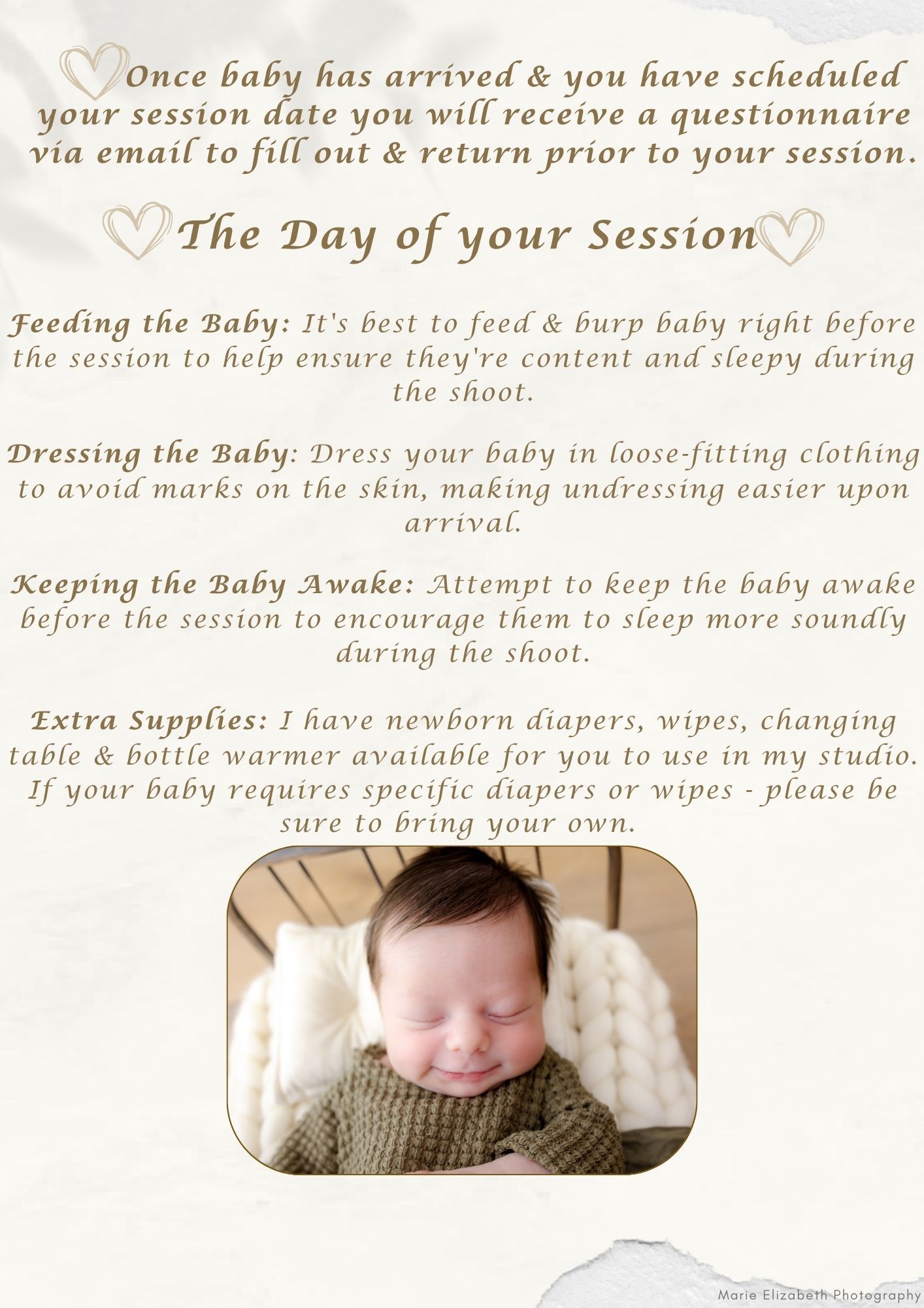 Professional newborn photography preparation guide showing tips for feeding, dressing and keeping baby comfortable during photo session.