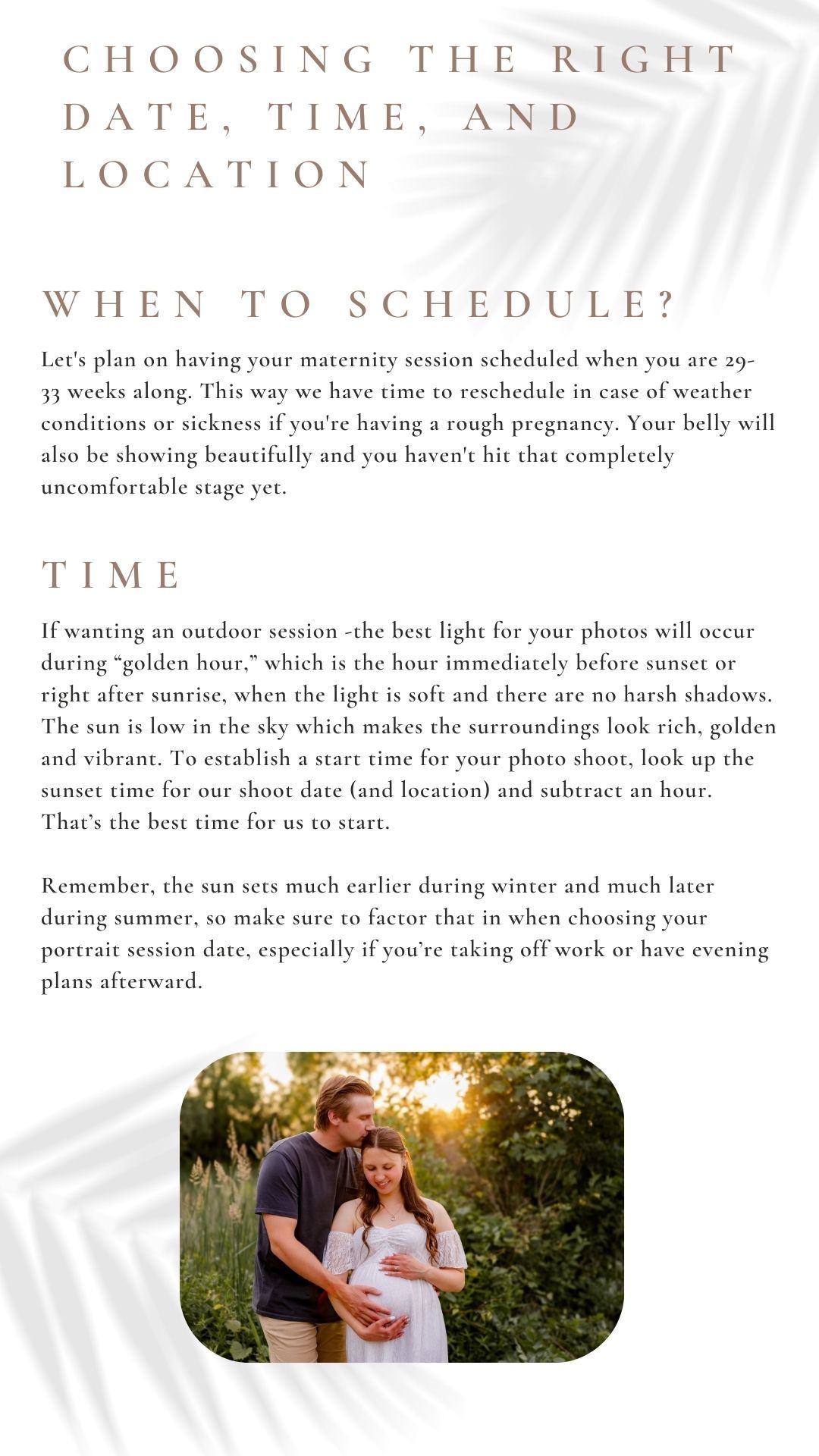 A page layout from a photography guide showing text about scheduling photo sessions with decorative floral elements.