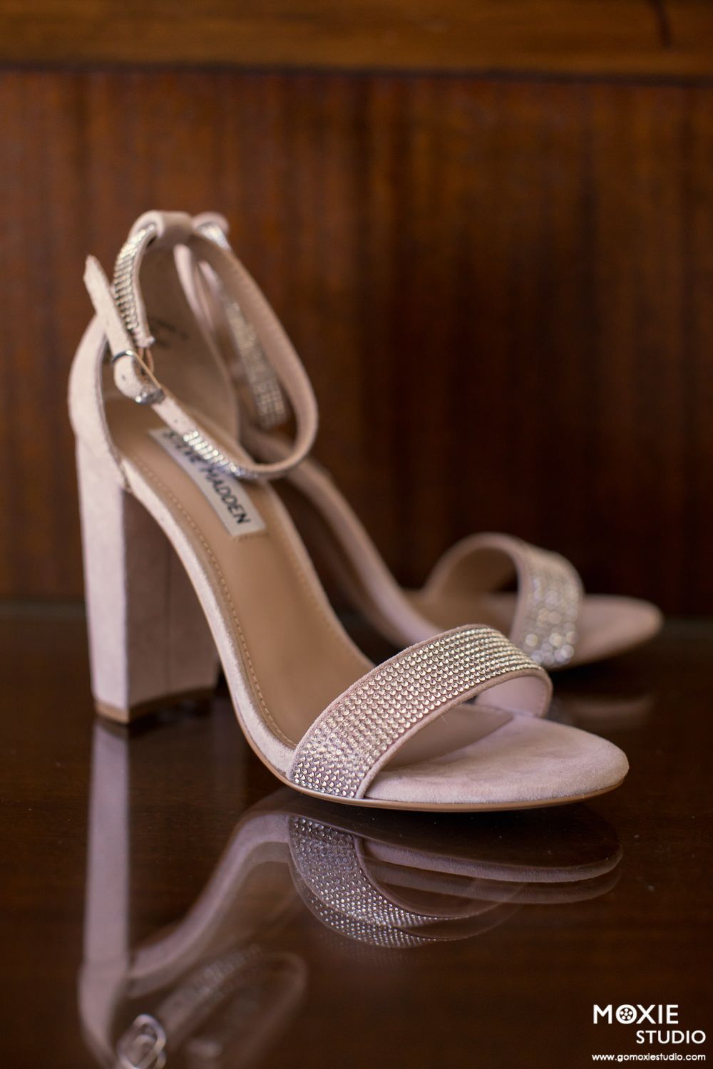 Elegant blush pink wedding sandals with rhinestone straps and block heels displayed in a sequence.