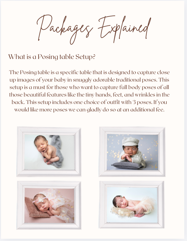 A photography posing guide page showing four framed newborn portraits with text explaining posing table setup details.