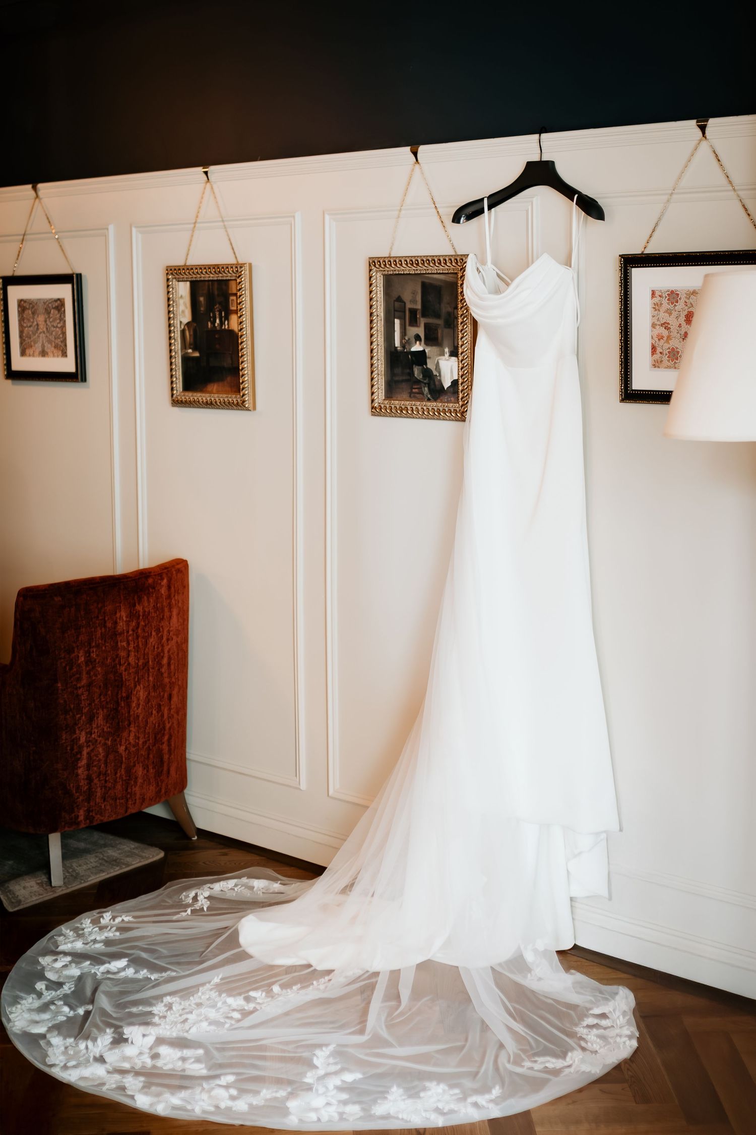 A sequence of wedding dress photographs showing an elegant white gown with long train displayed on hangers in a room.