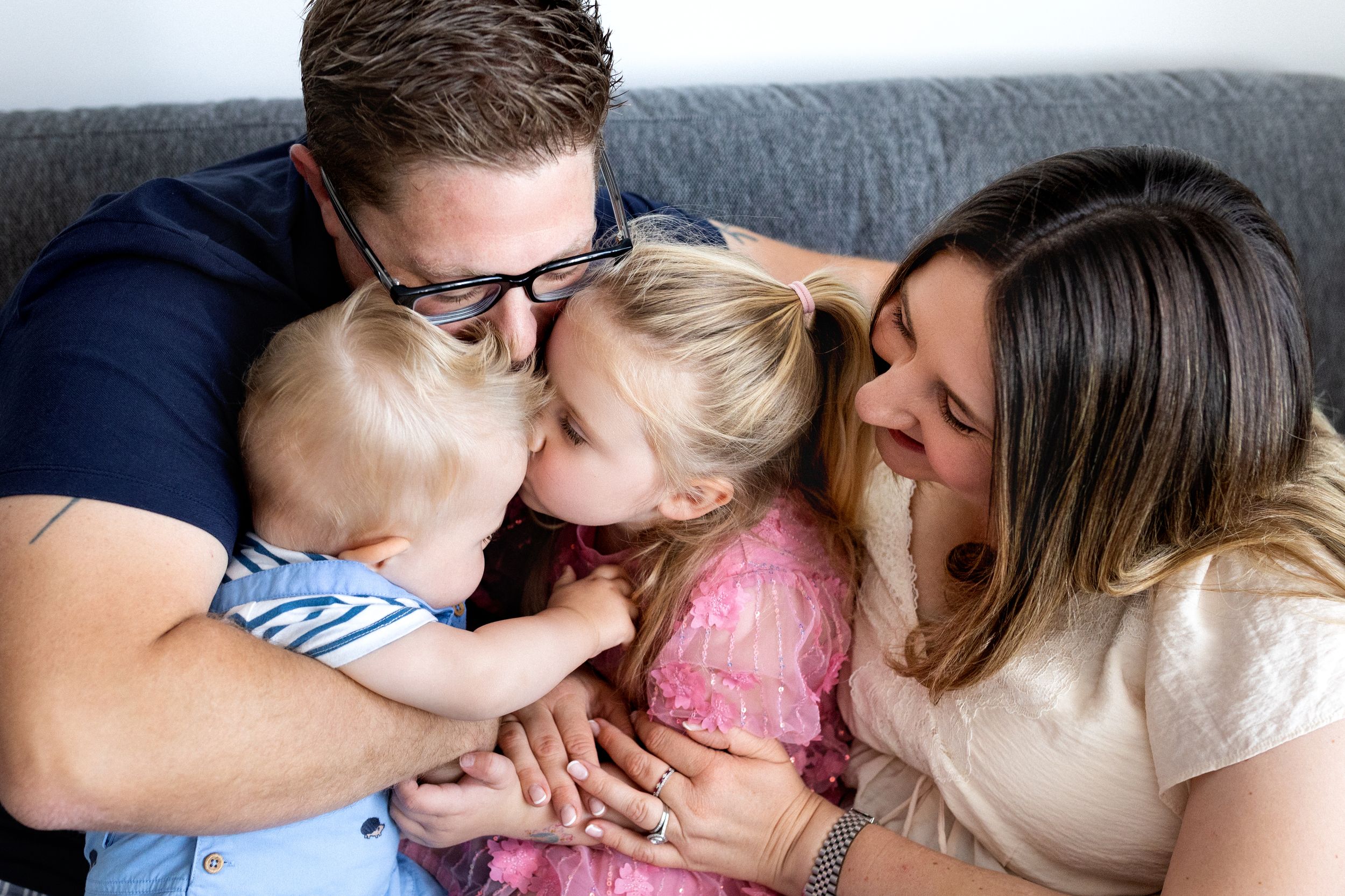A sequence of six sweet moments showing affection and kisses between loved ones on a light background.