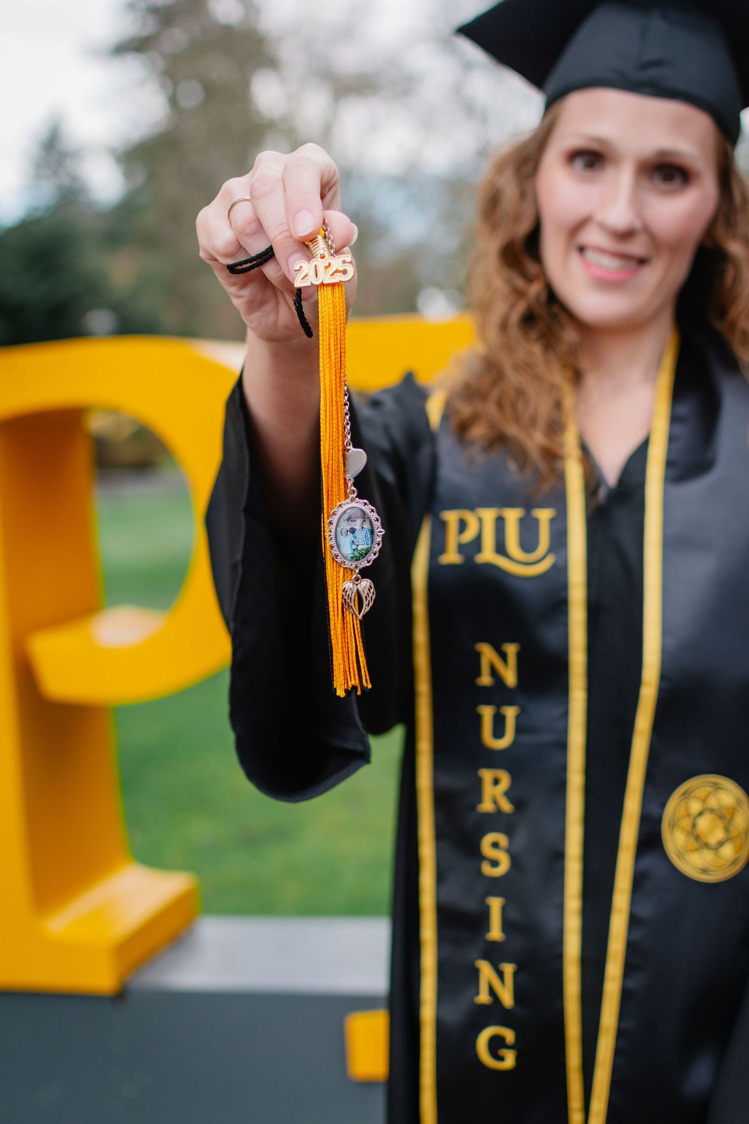 Close-up of tassel graduation detail at PLU