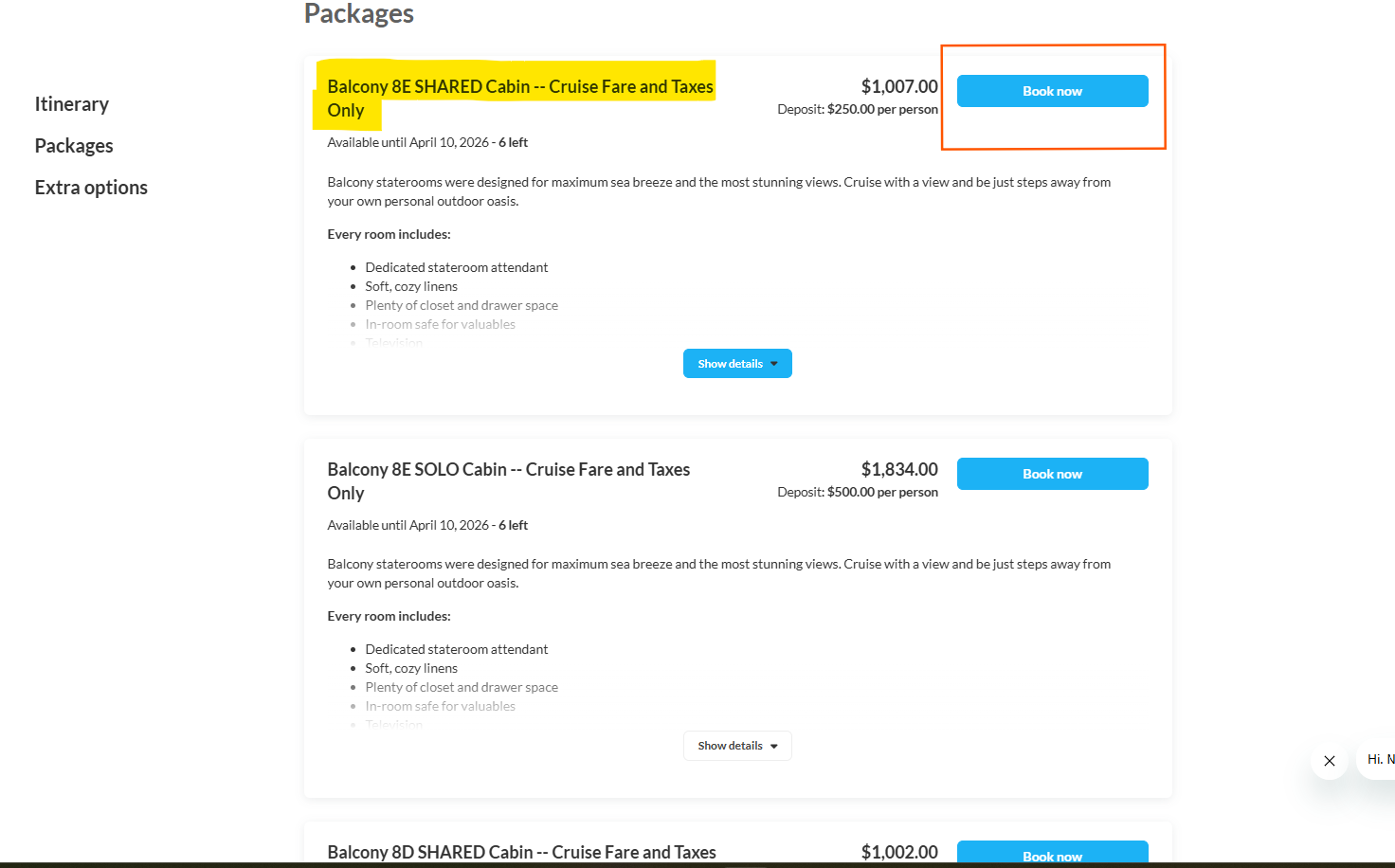 A screenshot of a software interface showing multiple packages or orders with pricing information and blue action buttons.