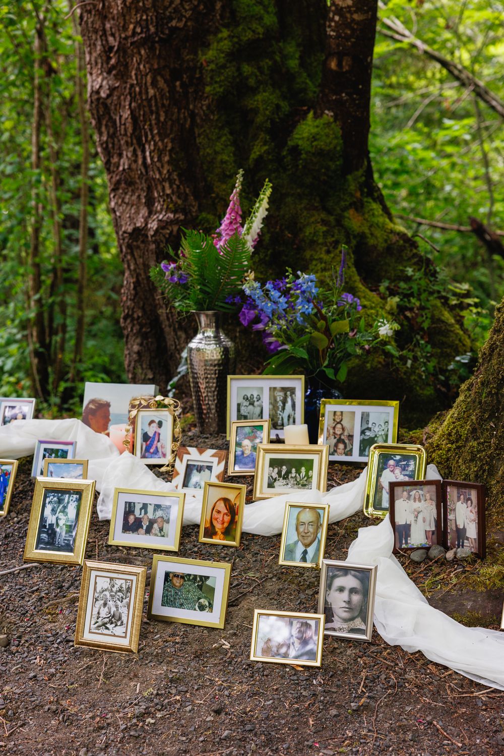 Framed family photos arranged at the base of a mossy tree with flowers in a forest wedding memorial display.
