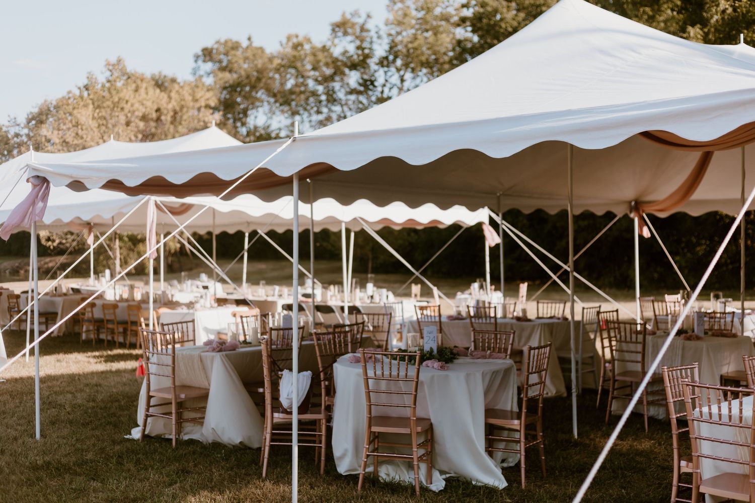 White tents with tables and chairs for an intimate, summer backyard wedding in Ohio photography by Vicci Photo Dayton Ohio Photographer
