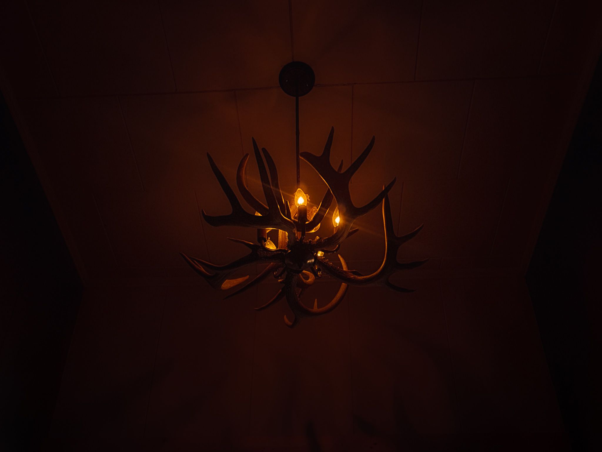 Rustic antler chandelier glowing warmly in dark room with dramatic lighting.