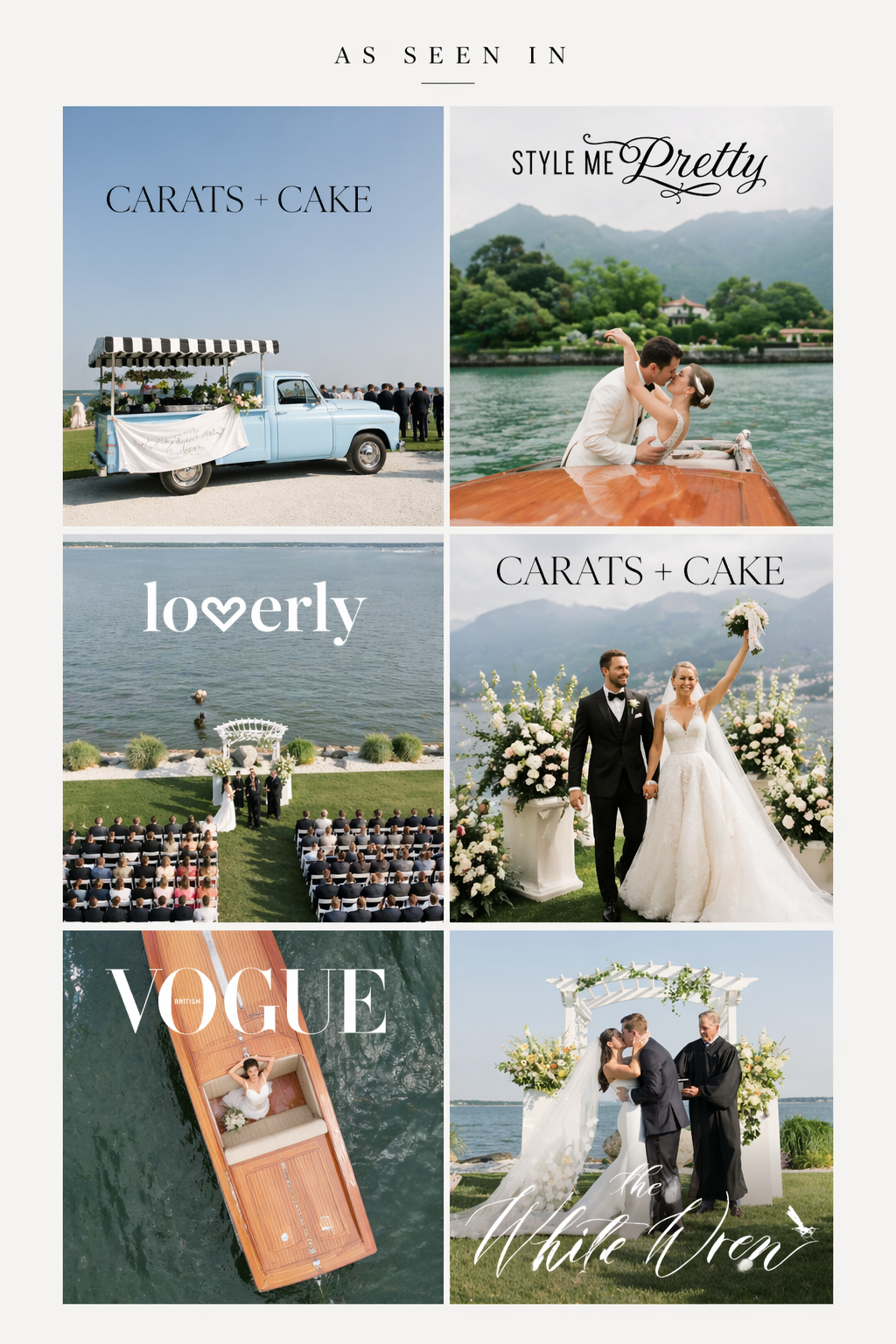 Wedding collage featured in Carats and Cake, Style Me Pretty, Loverly, and Vogue publications showcasing elegant ceremonies.