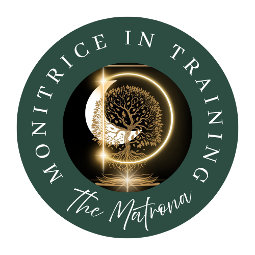 The Matrona monitrice in training circular badge with glowing tree of life design on green background.