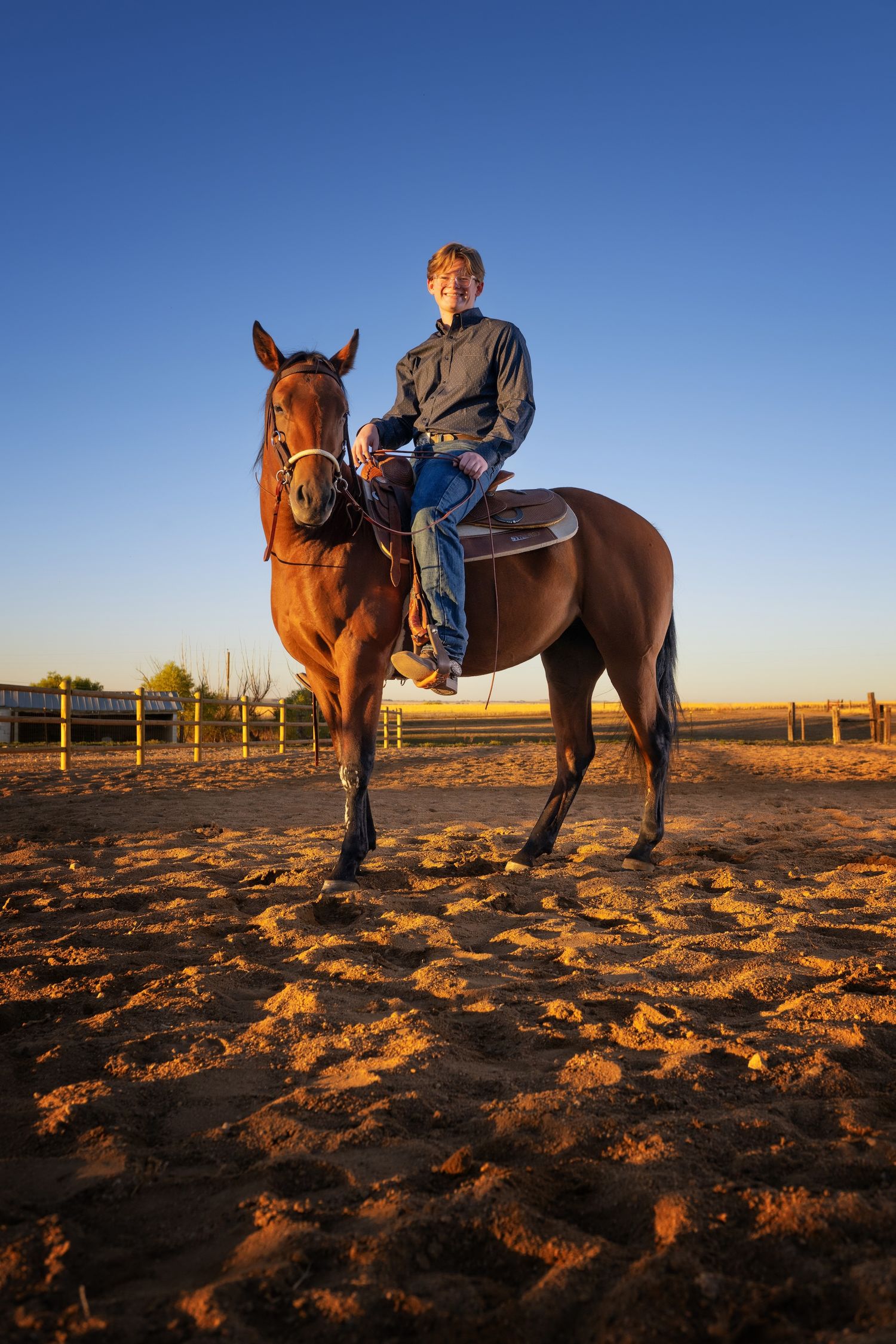 A high school senior horseback rider on a chestnut horse in a sandy arena at golden hour with a clear blue sky backdrop.
