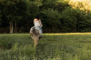 Woman riding a white horse through a lush green meadow with wildflowers at golden hour.