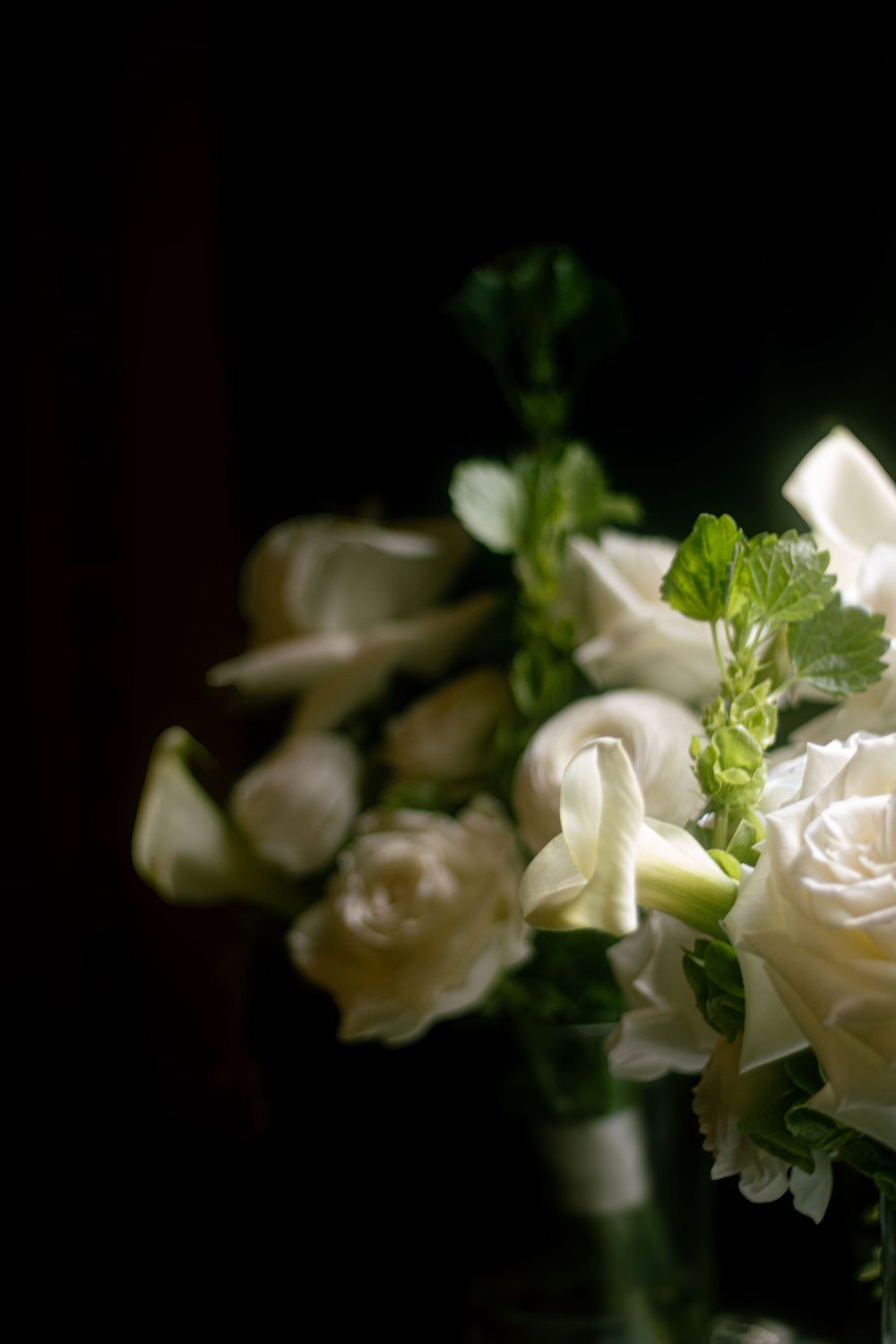 Elegant white roses and green foliage wedding bouquet against dark background.
