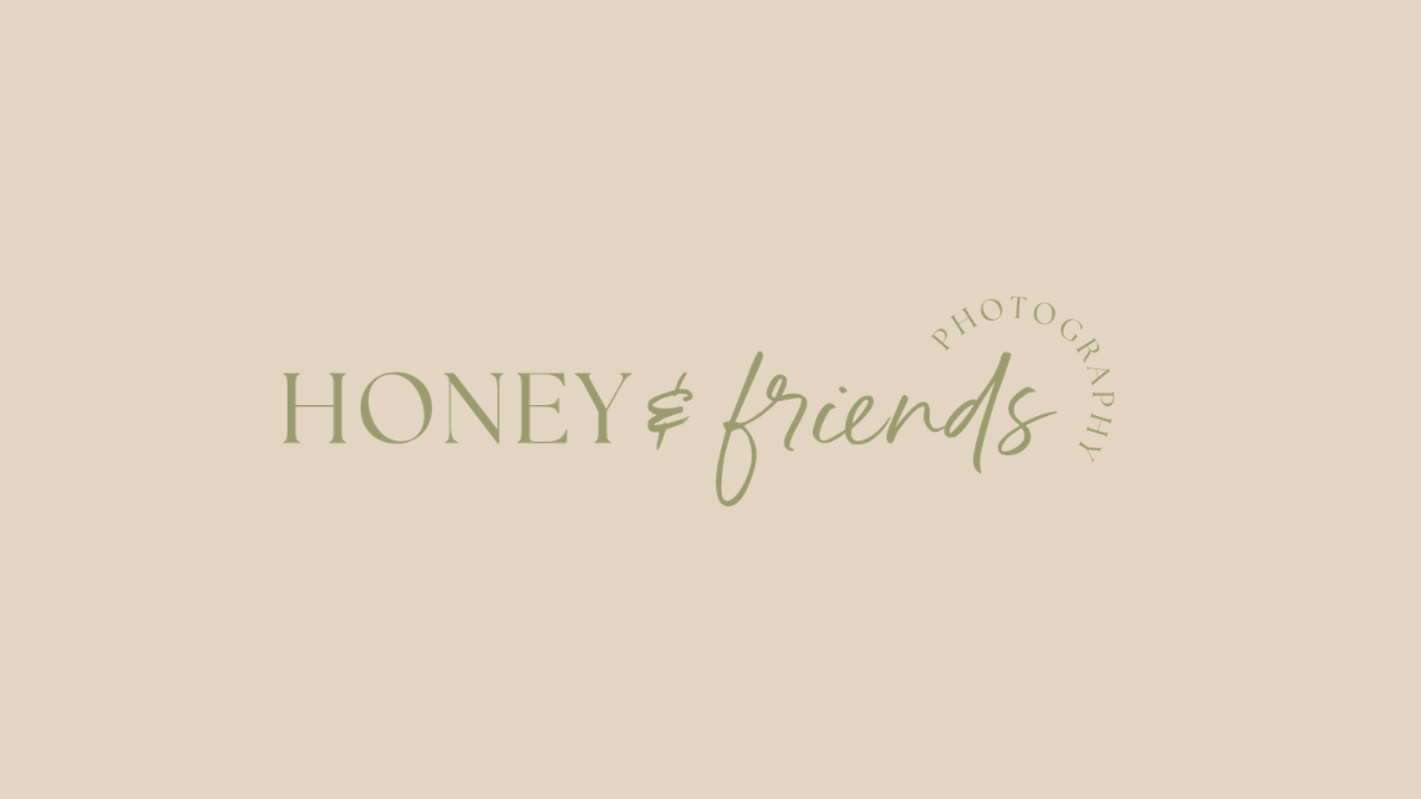 Honey and Friends Photography logo on a beige background in elegant sage green serif and script fonts.