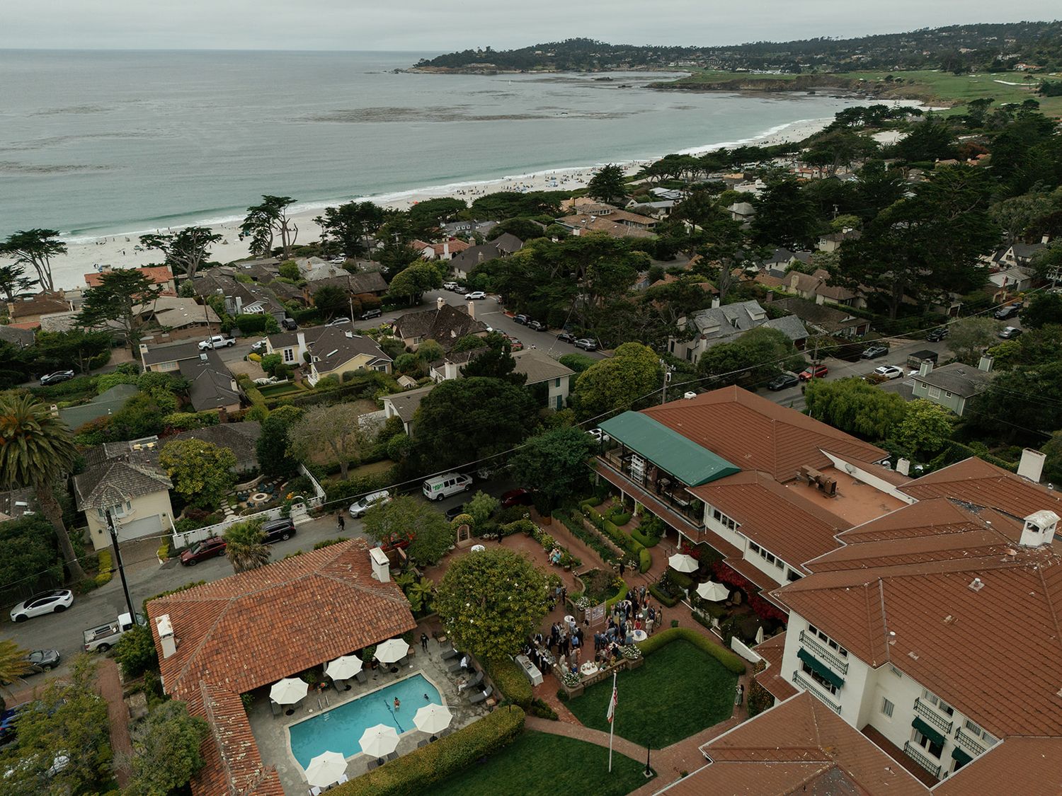 Drone photo of wedding at La Playa Hotel in Carmel by the Sea.