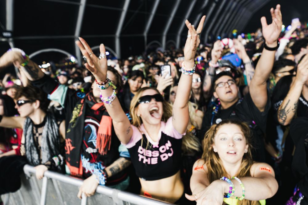 A large crowd of concert-goers cheer and raise their hands at a high-energy music festival or live performance.