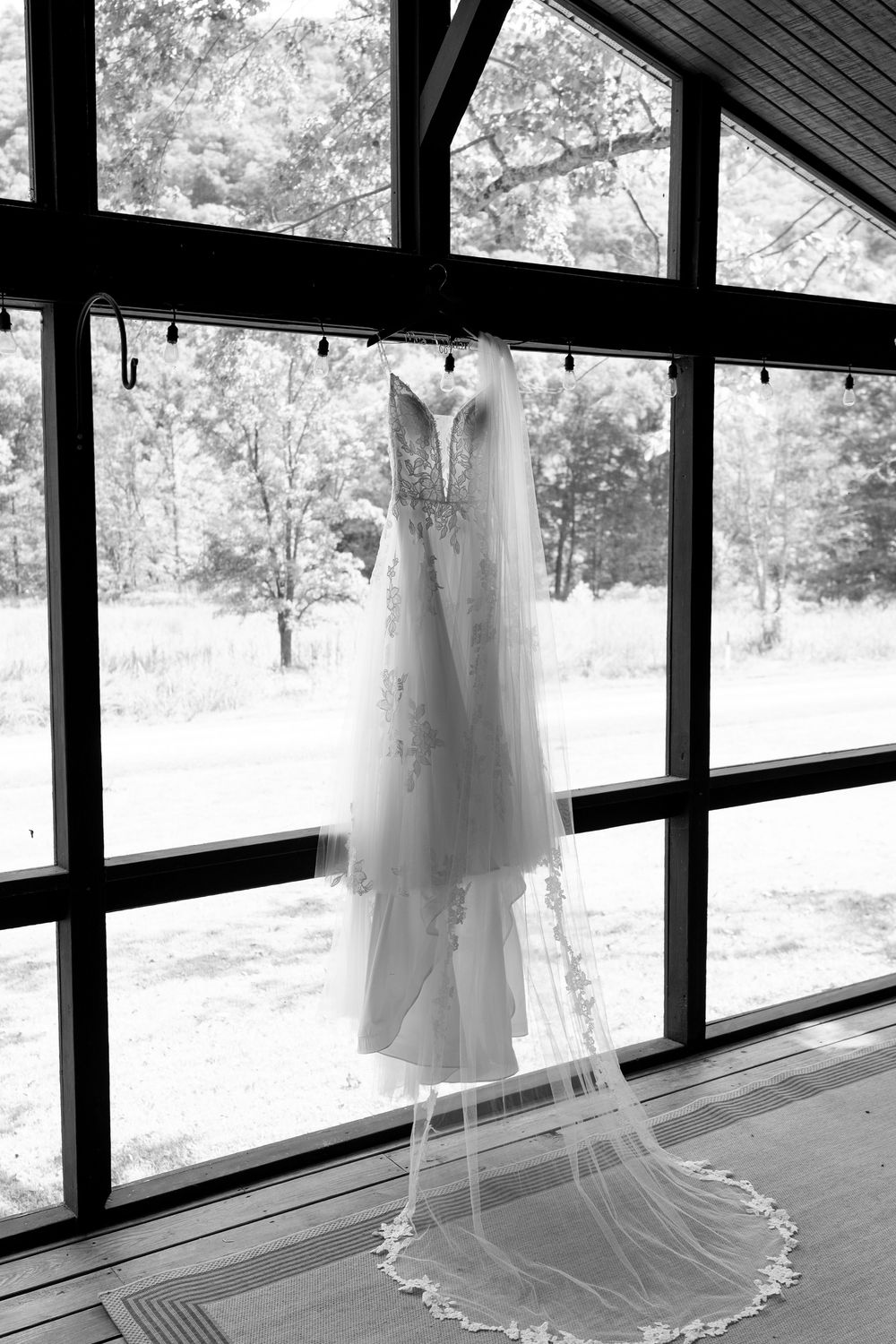 Black and white photo of a wedding dress with long veil hanging in a large window with trees behind.