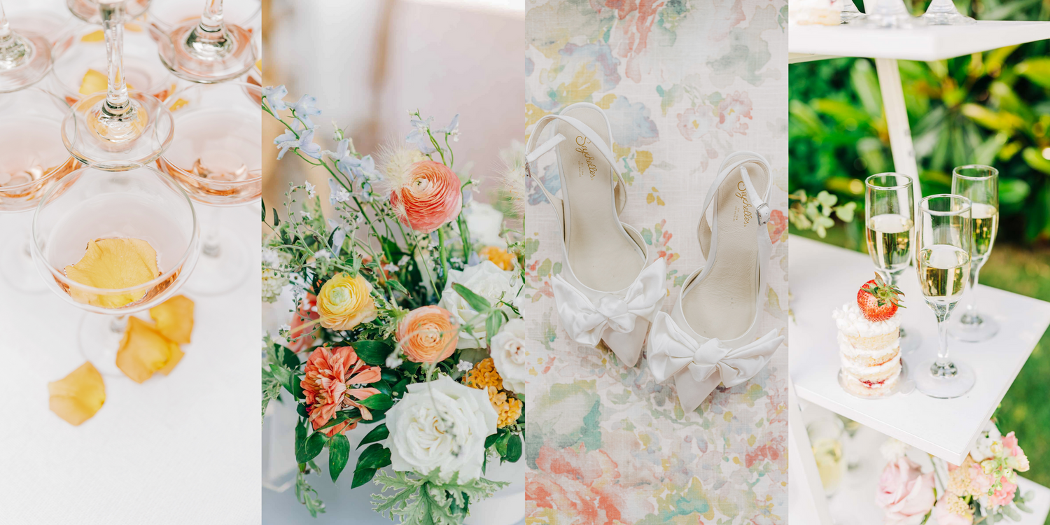 A romantic pastel wedding collage featuring champagne glasses, floral arrangements, and elegant table settings.
