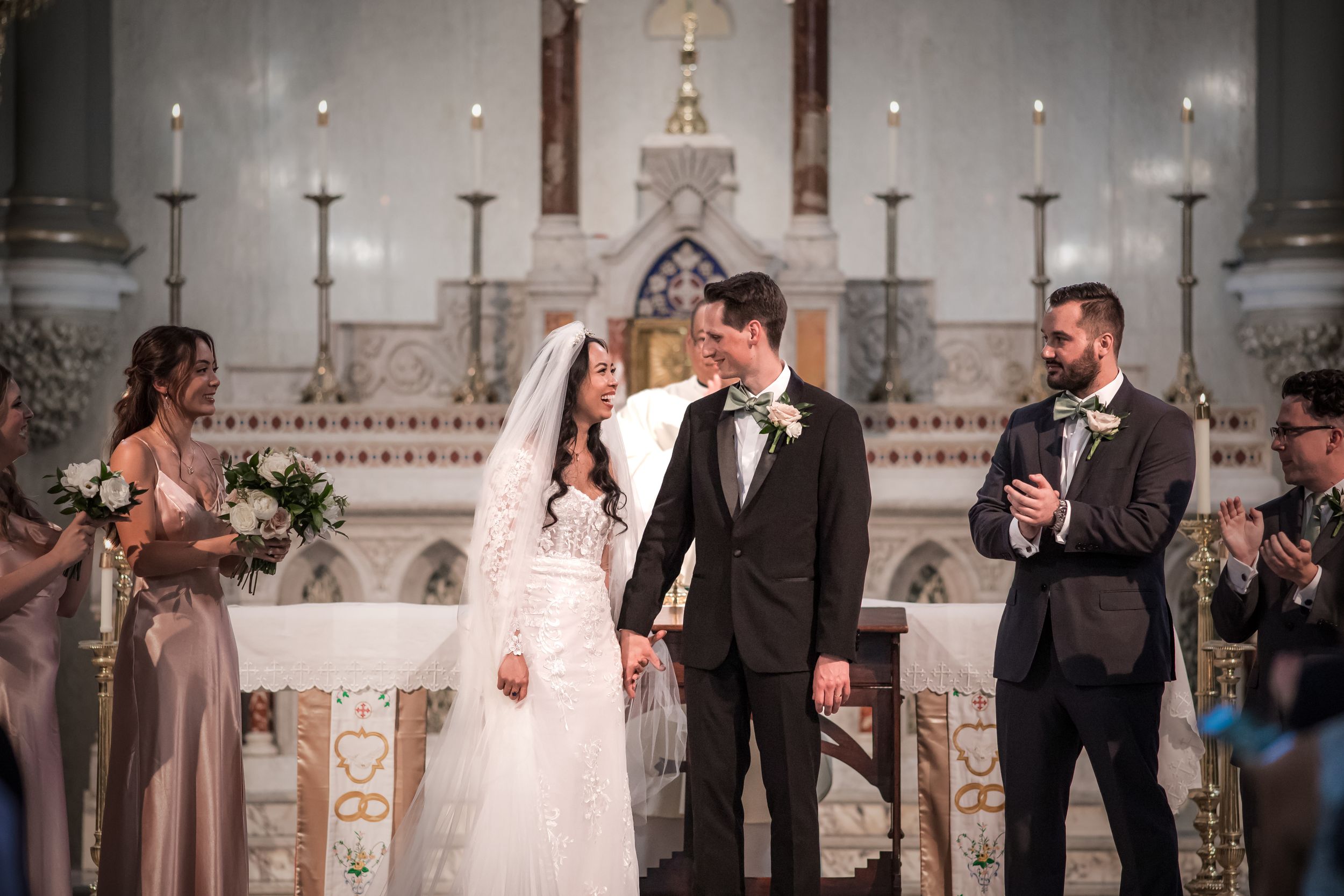 A sequence of wedding ceremony moments showing the couple and wedding party in a traditional church setting.