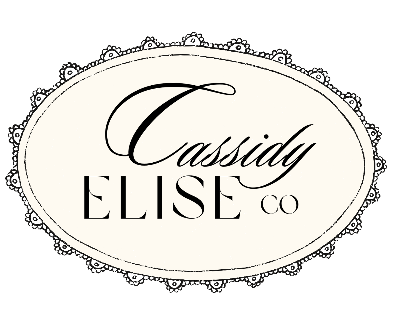 Elegant black and white logo design featuring 'Cassidy Elise Co' text in a decorative oval frame with scalloped edges.