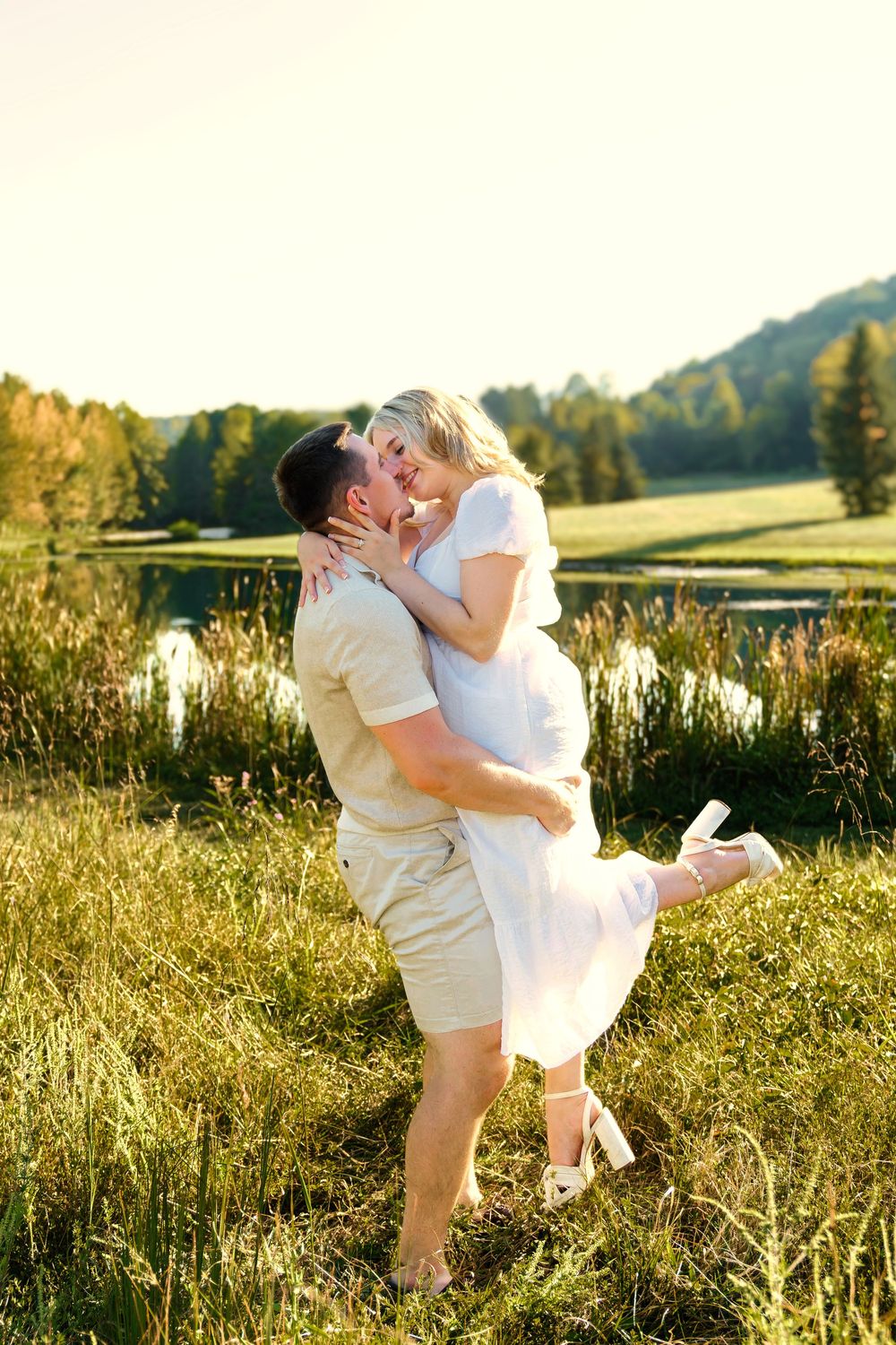 Maggie & Andrew's golden hour engagement at The Hangar wedding venue in Hocking Hills in Logan Ohio. Cincinnati Wedding Photographer