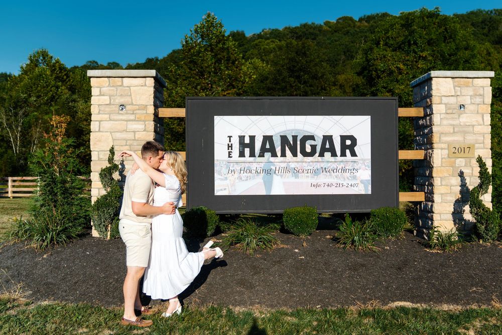 Maggie & Andrew's golden hour engagement at The Hangar wedding venue in Hocking Hills in Logan Ohio. Cincinnati Wedding Photographer