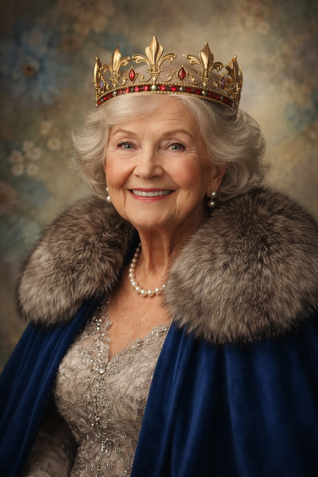 Portrait series showing a regal figure wearing a crown and fur-trimmed navy cloak against a mottled backdrop.