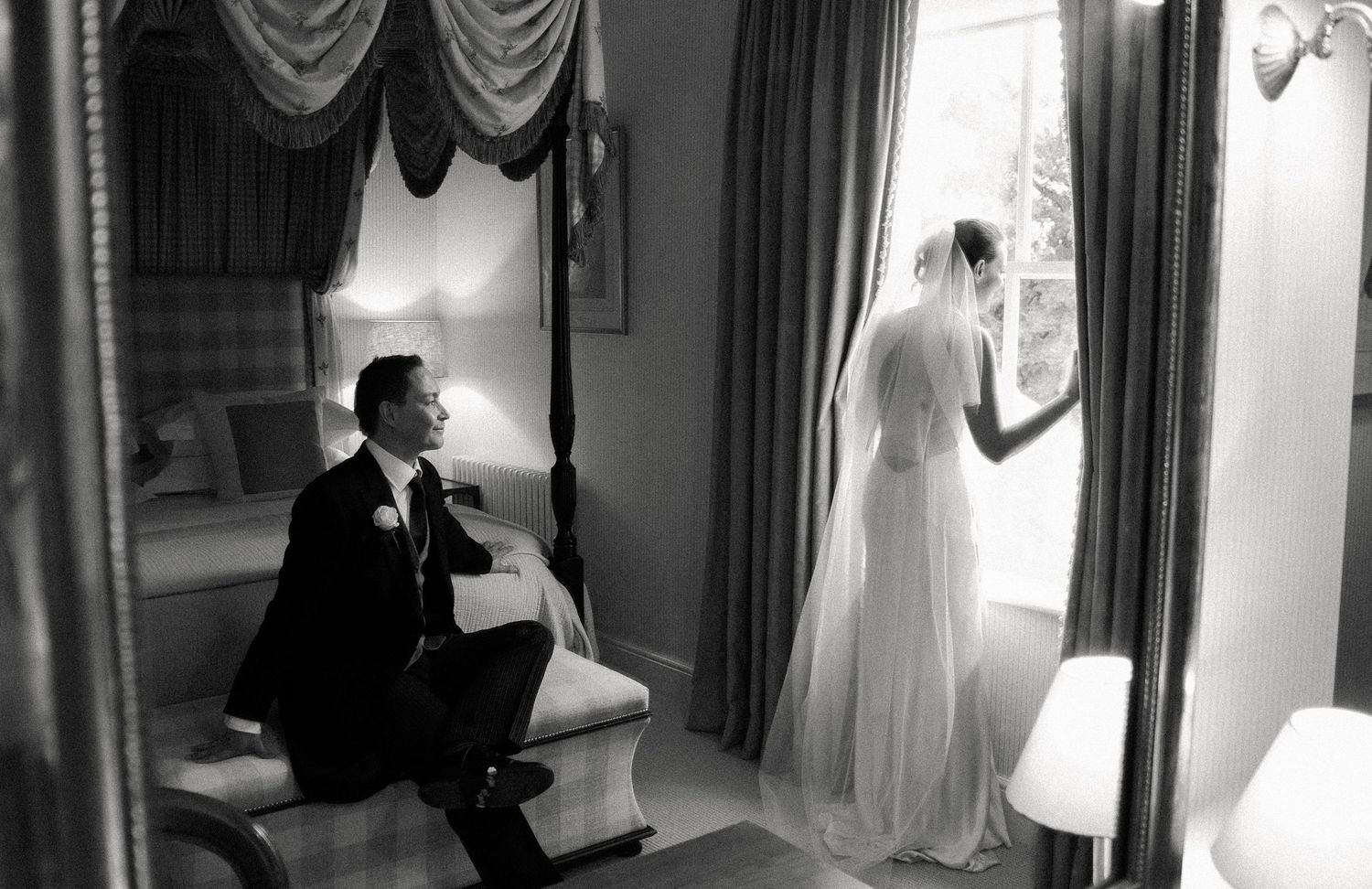 A black and white wedding photo collage showing various moments of a bride and groom during their special day.
