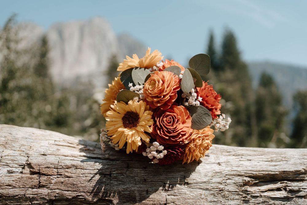 Rustic autumn wedding bouquet with sunflowers, orange dahlias, and eucalyptus resting on a log in Yosemite.