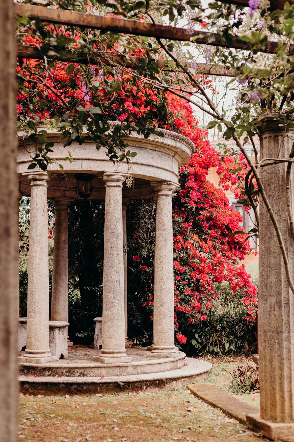 A classical stone gazebo with columns surrounded by vibrant red bougainvillea flowers in a garden setting.