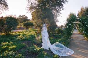 A scenic outdoor path with wildflowers and trees during golden hour creates a romantic wedding photography setting.