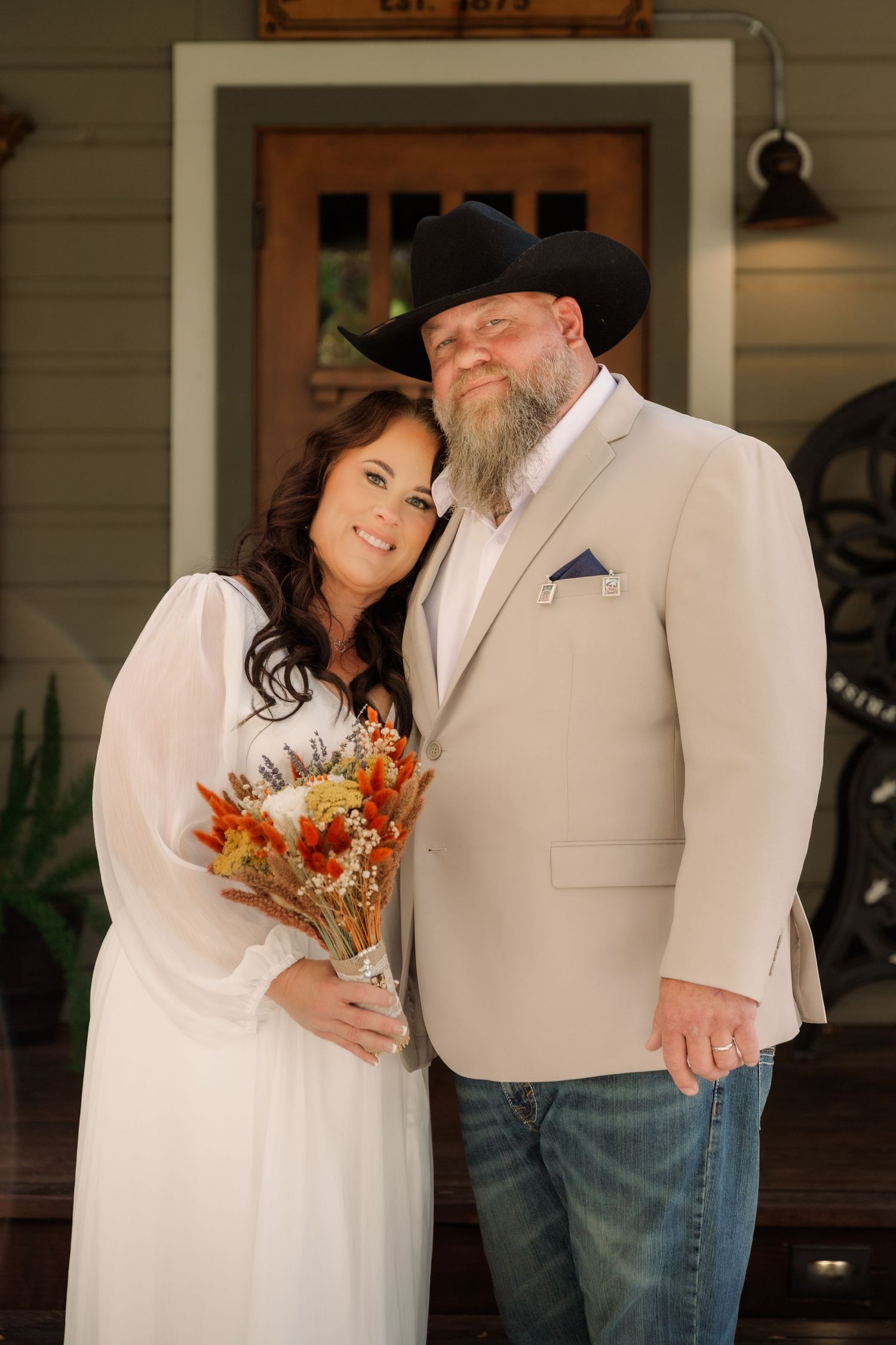 A romantic couple in wedding attire share intimate moments in a series of four photos on a porch.