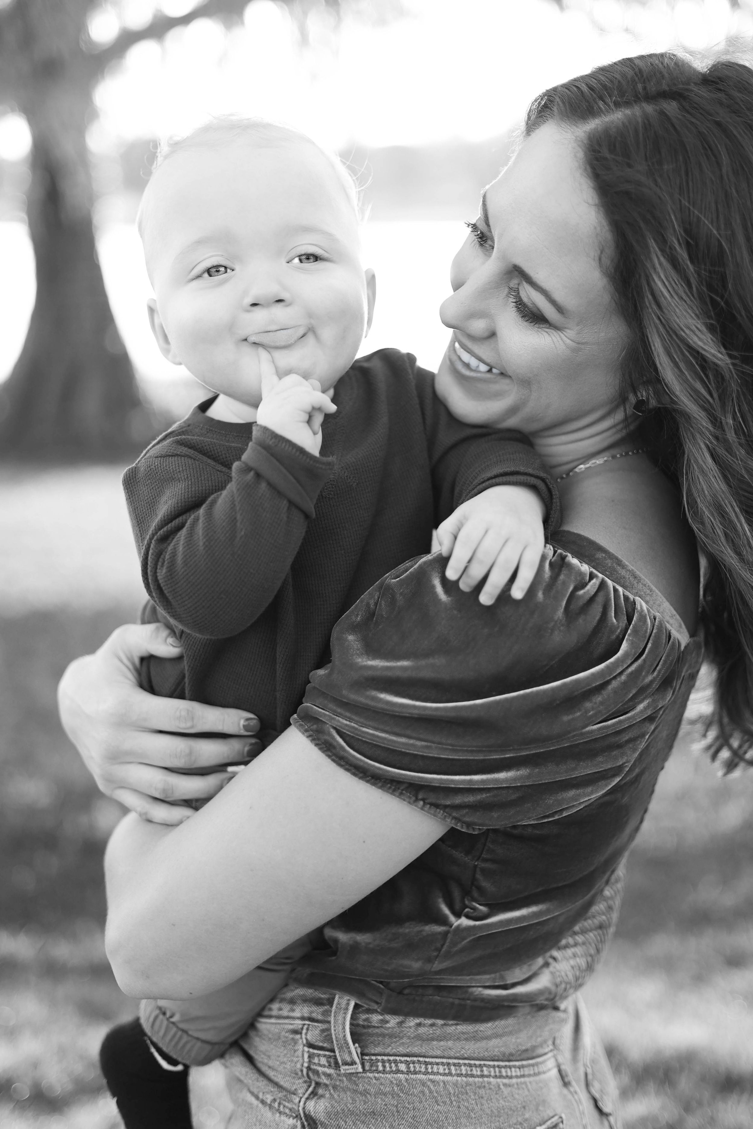 Black and white photo of mom and baby.