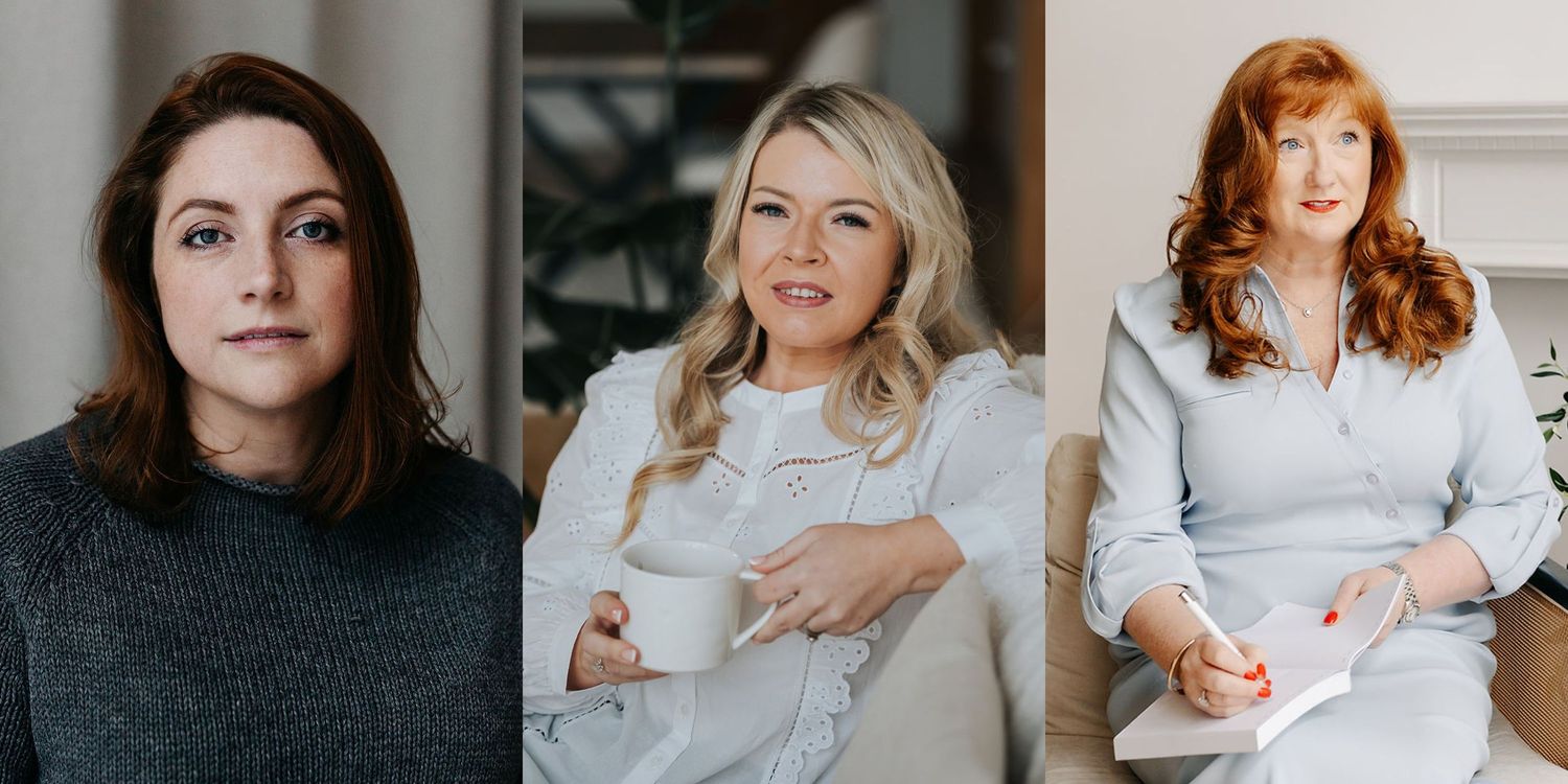 A series of lifestyle portraits showing women in casual white attire against neutral backgrounds.