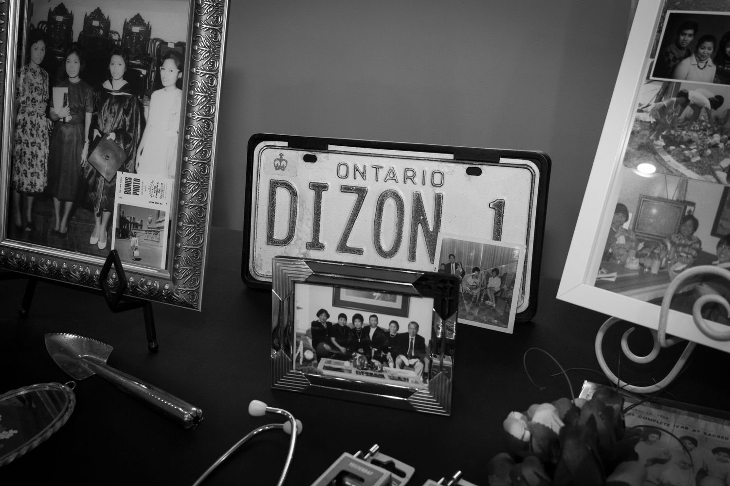 Black and white photo of a license plate