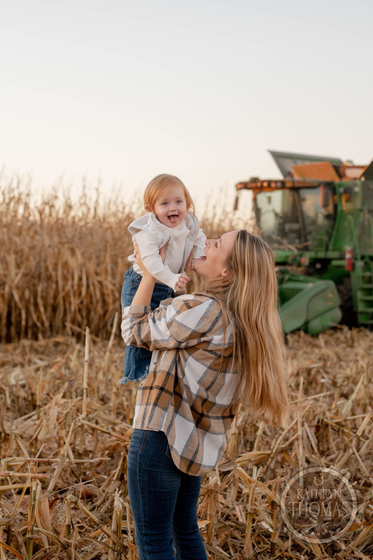 Playful interaction in a harvested cornfield with farm equipment visible.