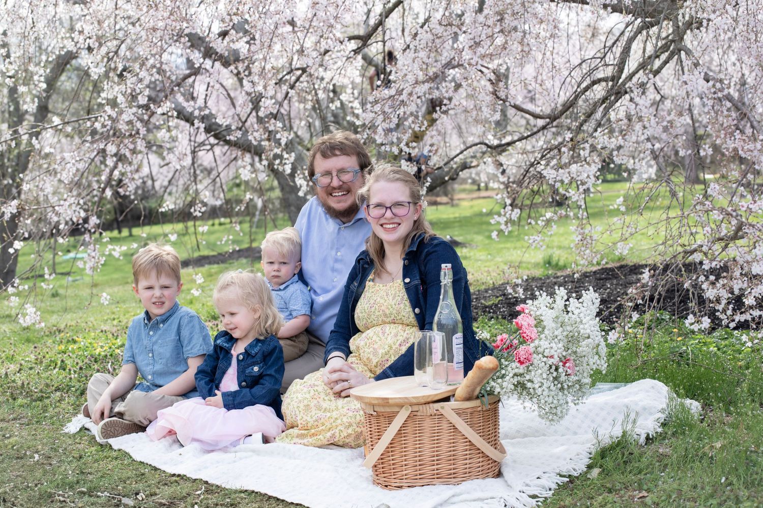 Ault Park Cincinnati Photographer captures family under cherry blossoms with a picnic styled session. Affordable family photos quick luxury
