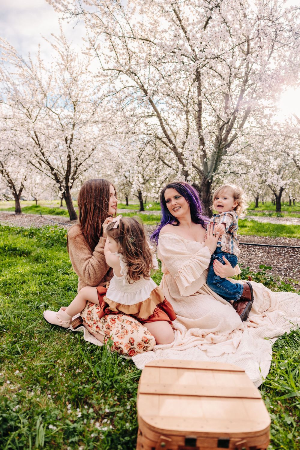 Picnic gathering on a blanket under beautiful white cherry blossom trees in full bloom.