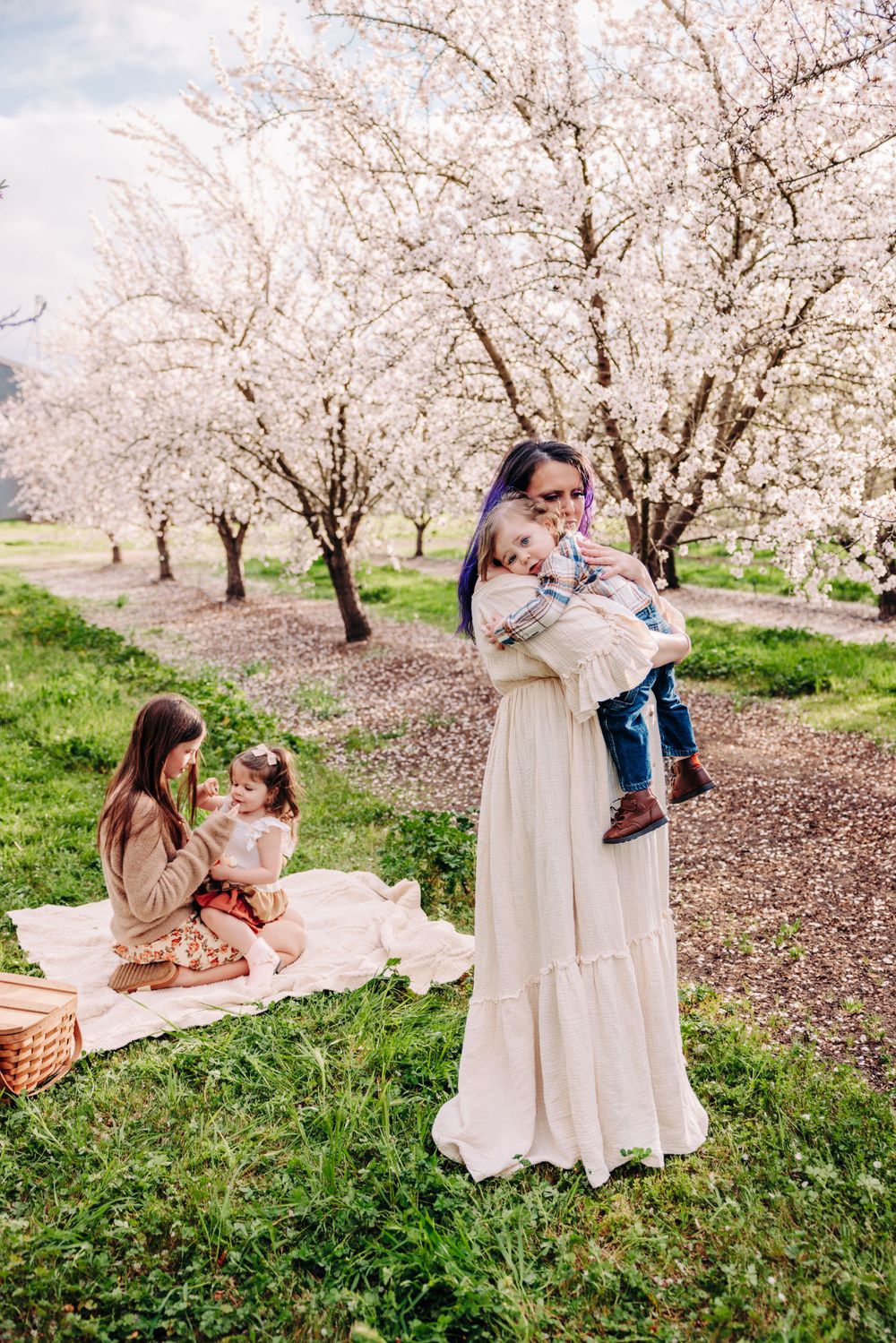 Family enjoying a springtime picnic under blooming cherry blossom trees on a grassy hill.