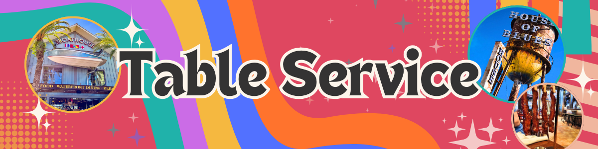Colorful banner featuring Table Service text with dining icons and rainbow gradient background design.