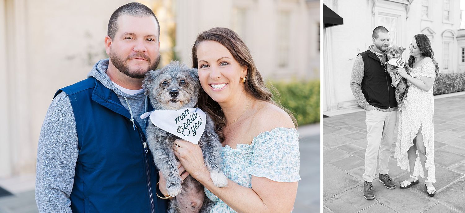 A couple holds their small gray dog while posing together for outdoor portraits in both color and black and white.