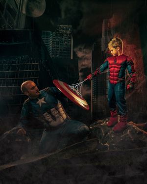 Spider-Man meets Captain America in dramatic dark urban setting.