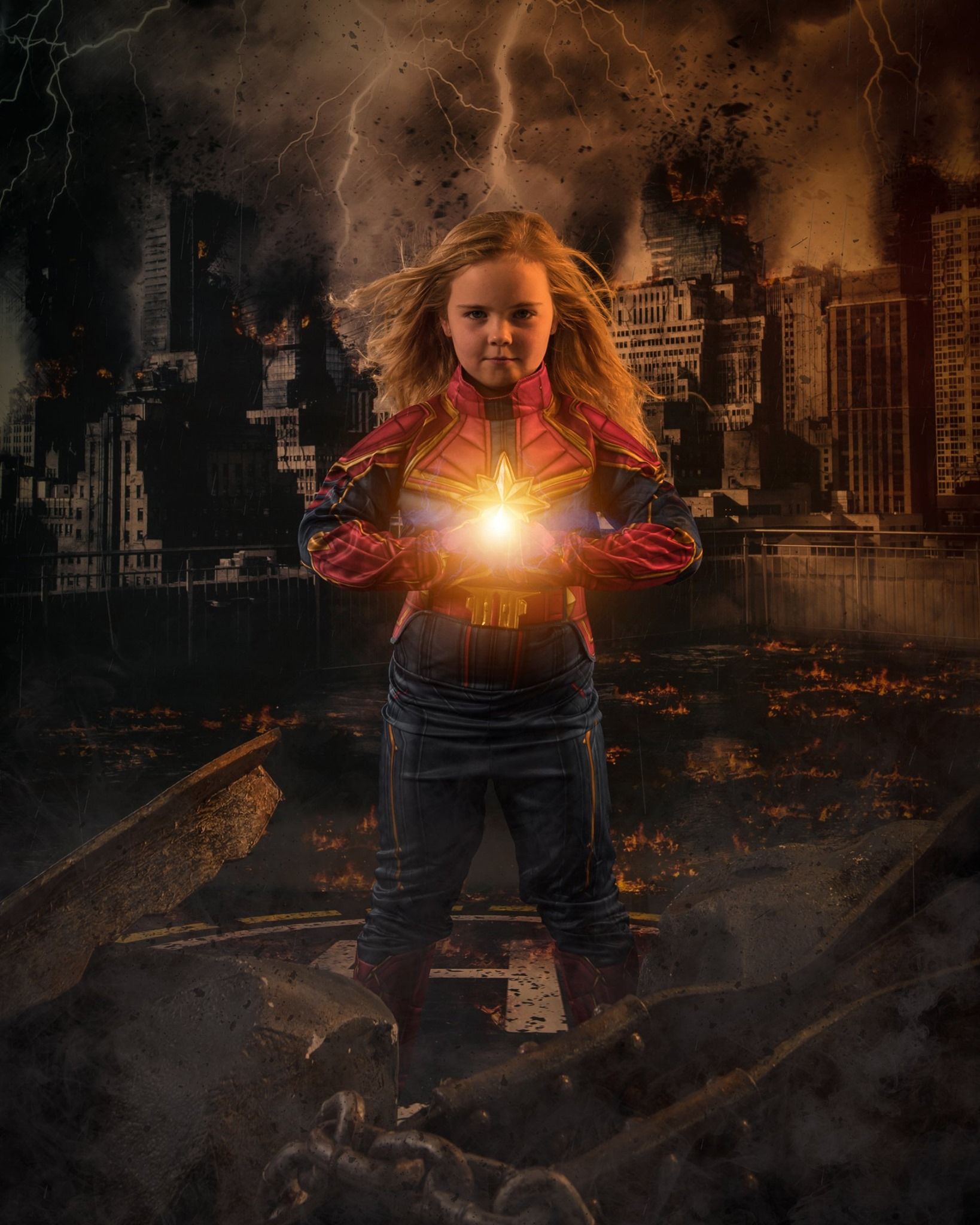 Superhero scene with glowing energy powers against a dark cityscape with lightning.