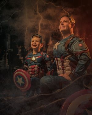 Dramatic superhero portrait featuring Captain America costumes against a fiery urban backdrop.