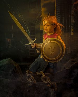 Warrior pose with sword and shield against dramatic urban background with glowing effects.