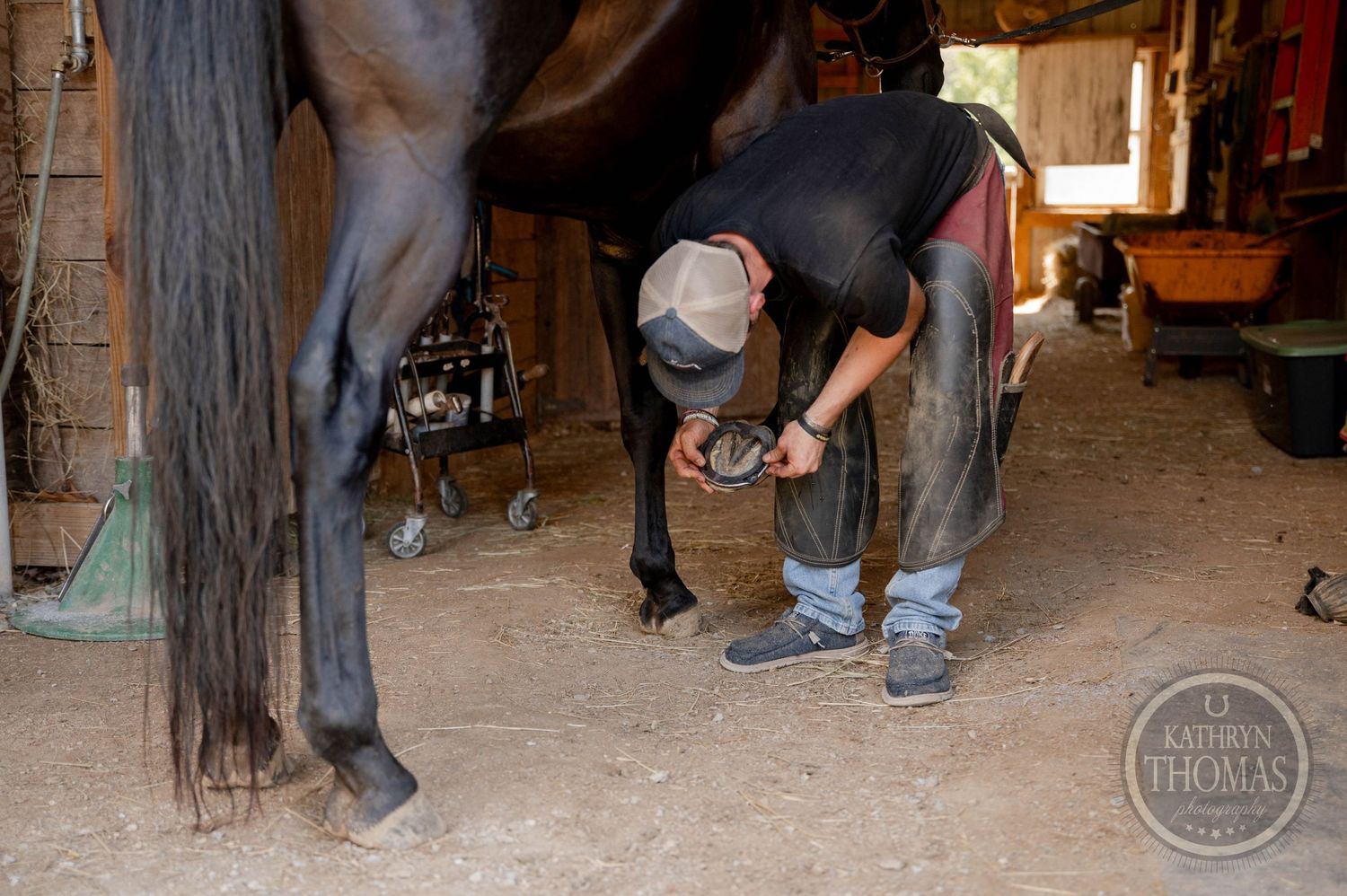 A farrier works on maintaining a horse's hoof in a barn stall with tools nearby.